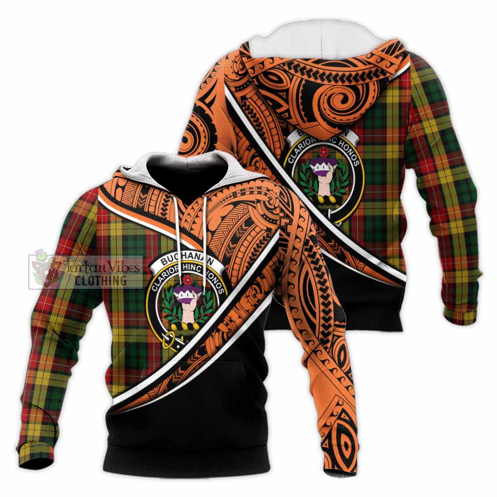 Tartan Vibes Clothing Buchanan Crest Tartan Knitted Hoodie with Maori Tattoo Style - Orange Version