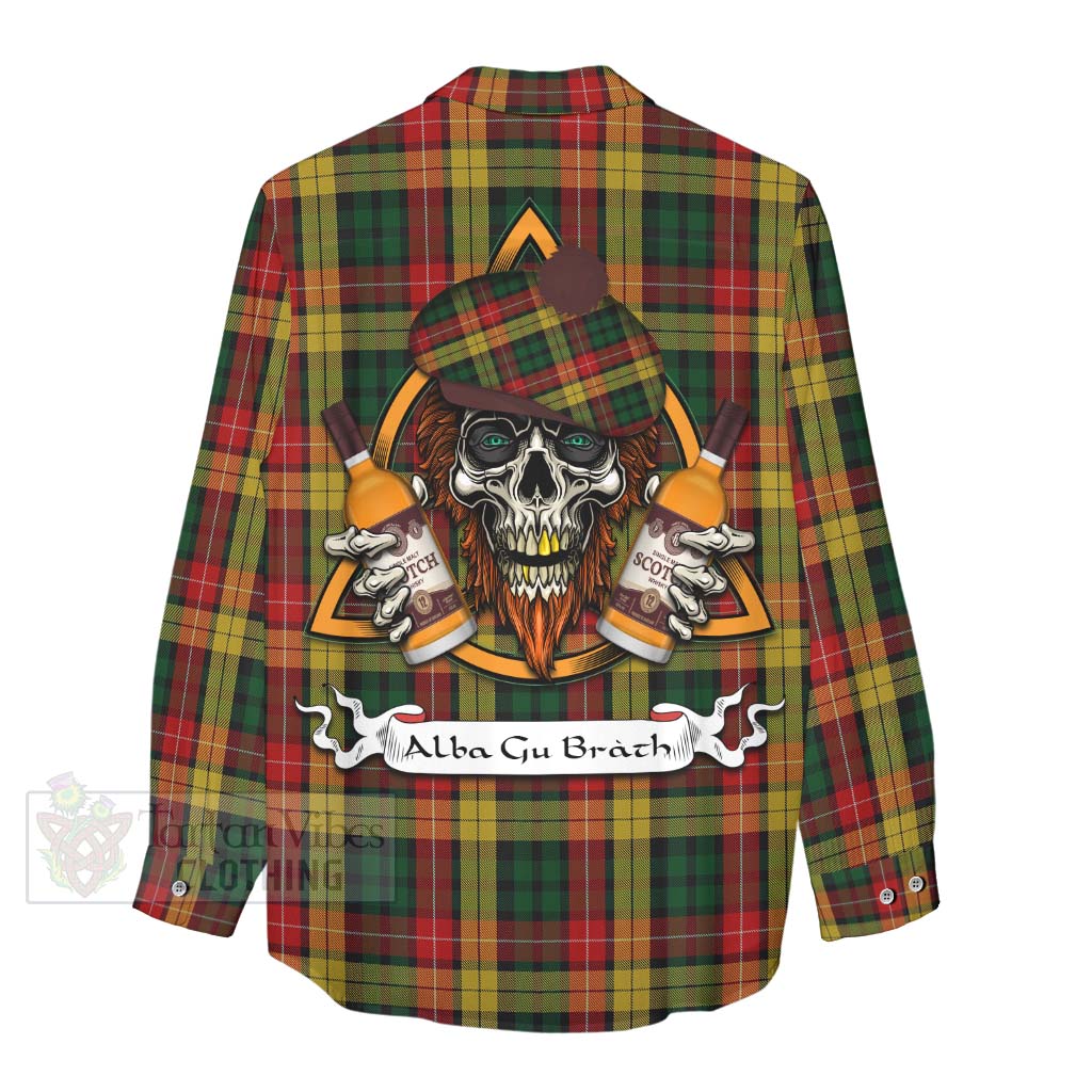 Tartan Vibes Clothing Buchanan Tartan Women's Casual Shirt with Family Crest and Bearded Skull Holding Bottles of Whiskey