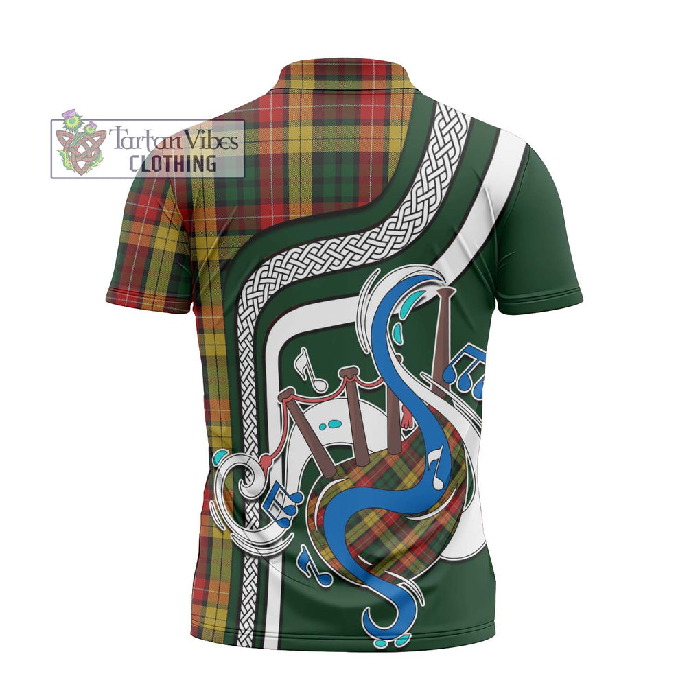 Buchanan Tartan Zipper Polo Shirt with Epic Bagpipe Style - Tartanvibesclothing Shop