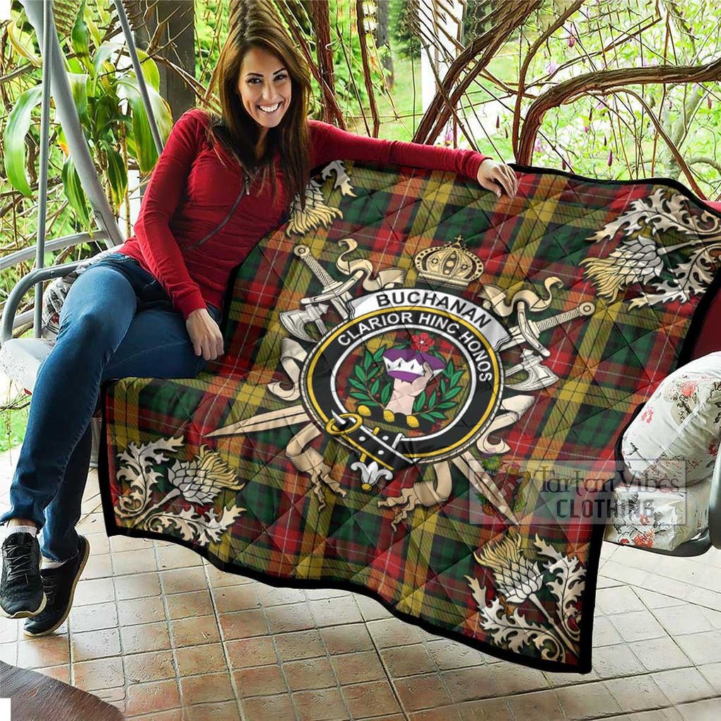 Tartan Vibes Clothing Buchanan Tartan Quilt with Family Crest and Scottish Golden Courage Shield