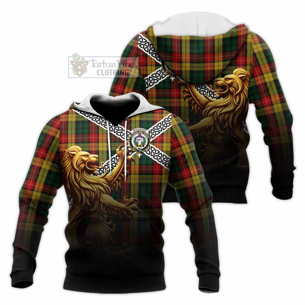 Buchanan Crest Tartan Knitted Hoodie with Golden Lion Emblem Celtic Style - Tartan Vibes Clothing