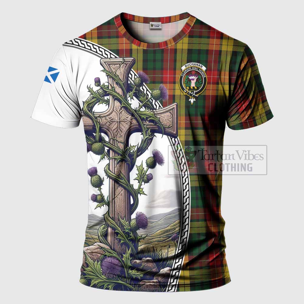 Tartan Vibes Clothing Buchanan Agnew Tartan T-Shirt with Family Crest and St. Andrew's Cross Accented by Thistle Vines