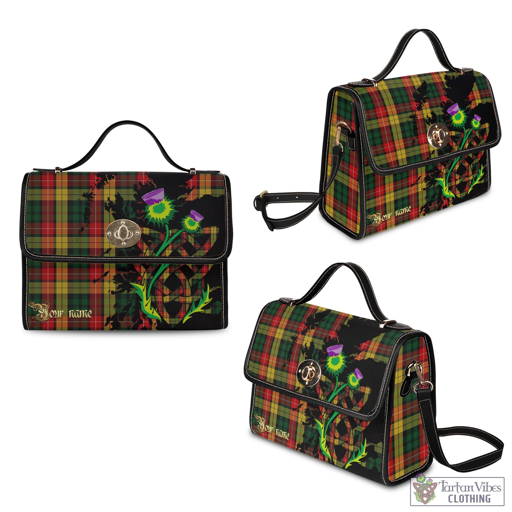 Tartan Vibes Clothing Buchanan Tartan Waterproof Canvas Bag with Scotland Map and Thistle Celtic Accents