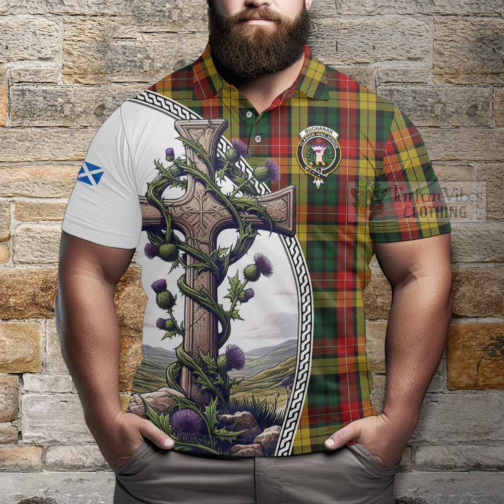 Tartan Vibes Clothing Buchanan Tartan Polo Shirt with Family Crest and St. Andrew's Cross Accented by Thistle Vines