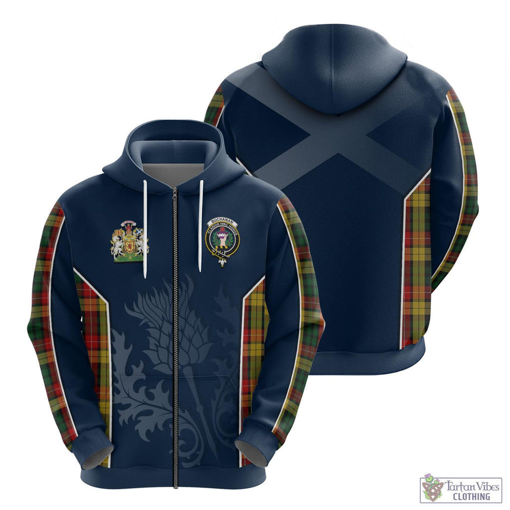 Tartan Vibes Clothing Buchanan Tartan Hoodie with Family Crest and Scottish Thistle Vibes Sport Style