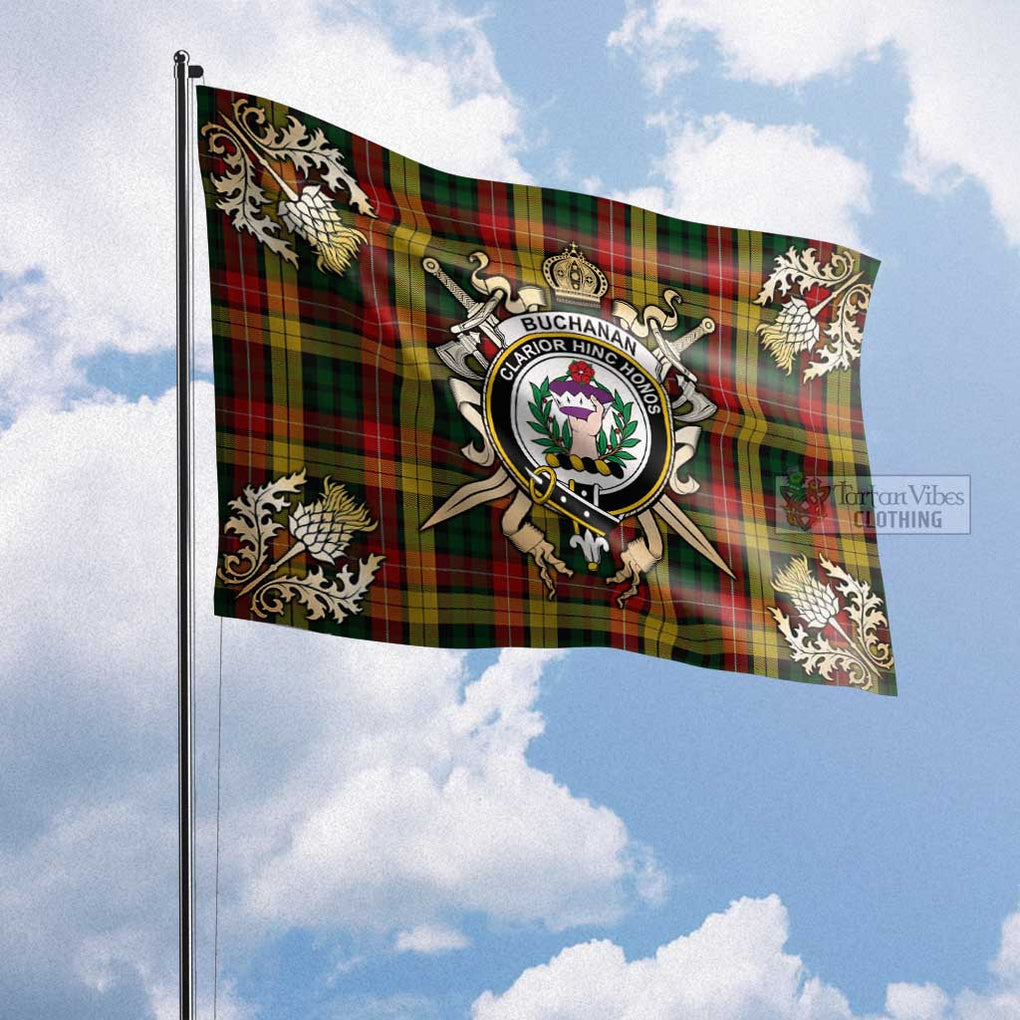 Tartan Vibes Clothing Buchanan Tartan Flag with Family Crest and Golden Thistle Crossed Sword Design