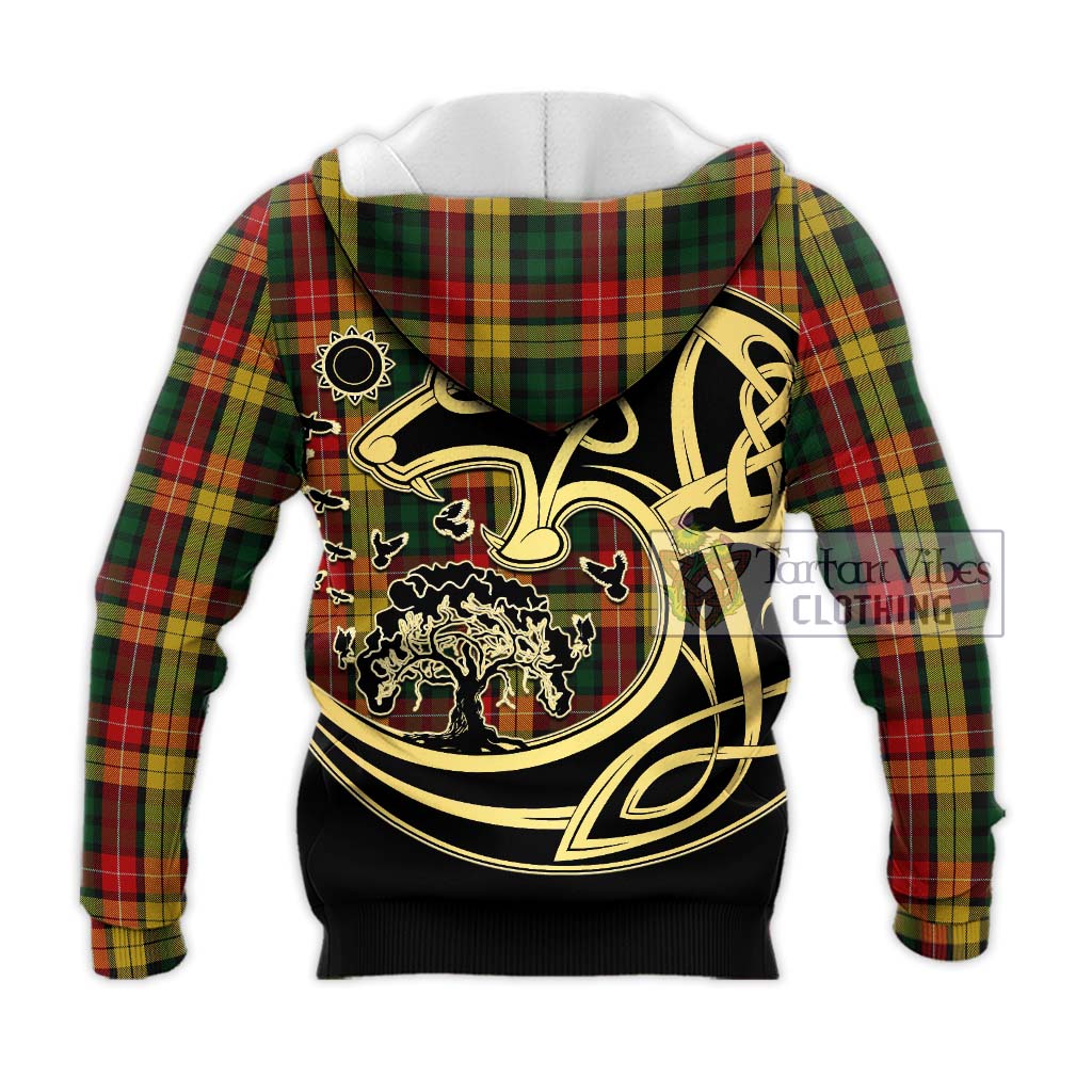 Buchanan Tartan Knitted Hoodie with Family Crest Celtic Wolf Style - Tartan Vibes Clothing