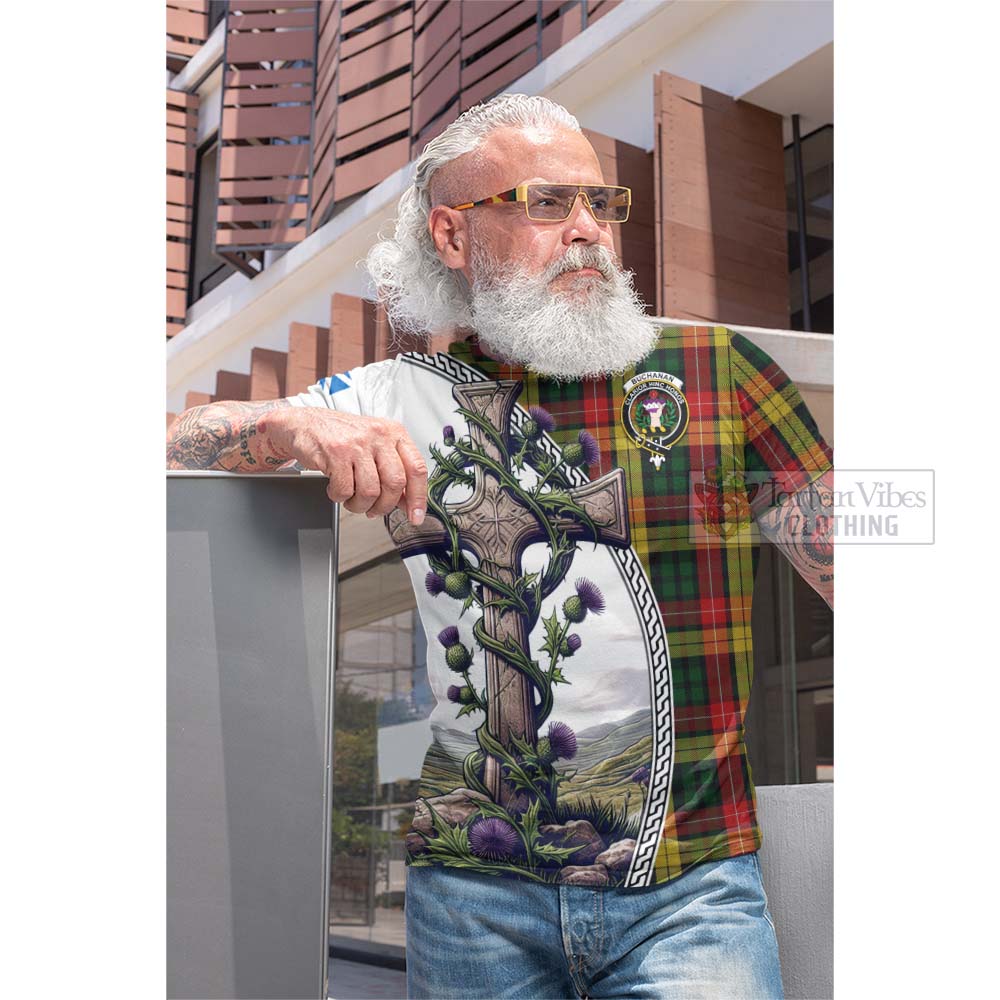 Tartan Vibes Clothing Buchanan Tartan Cotton T-shirt with Family Crest and St. Andrew's Cross Accented by Thistle Vines