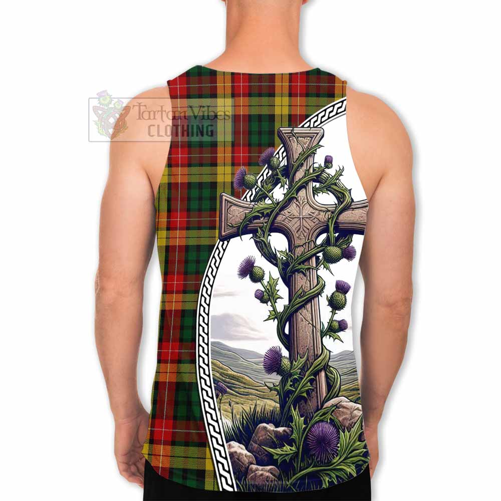 Tartan Vibes Clothing Buchanan Tartan Men's Tank Top with Family Crest and St. Andrew's Cross Accented by Thistle Vines