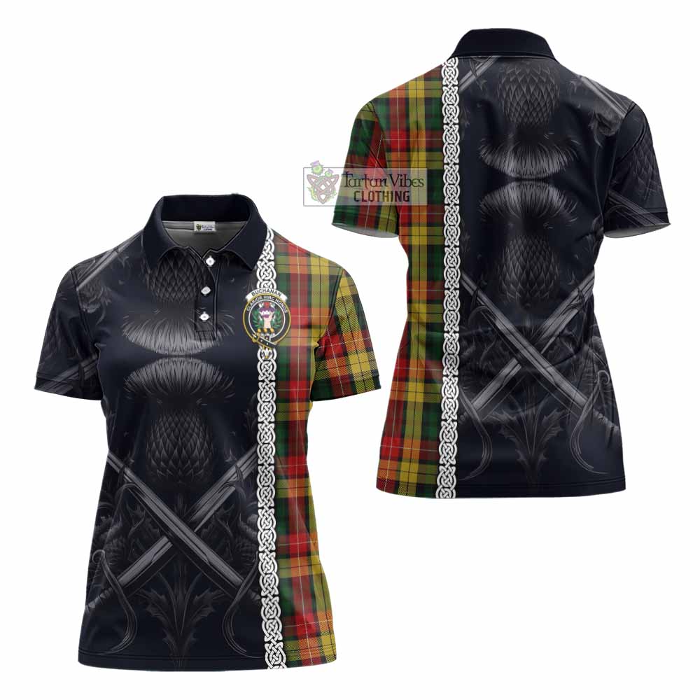 Tartan Vibes Clothing Buchanan Tartan Women's Polo Shirt with Family Crest Cross Sword Thistle Celtic Vibes