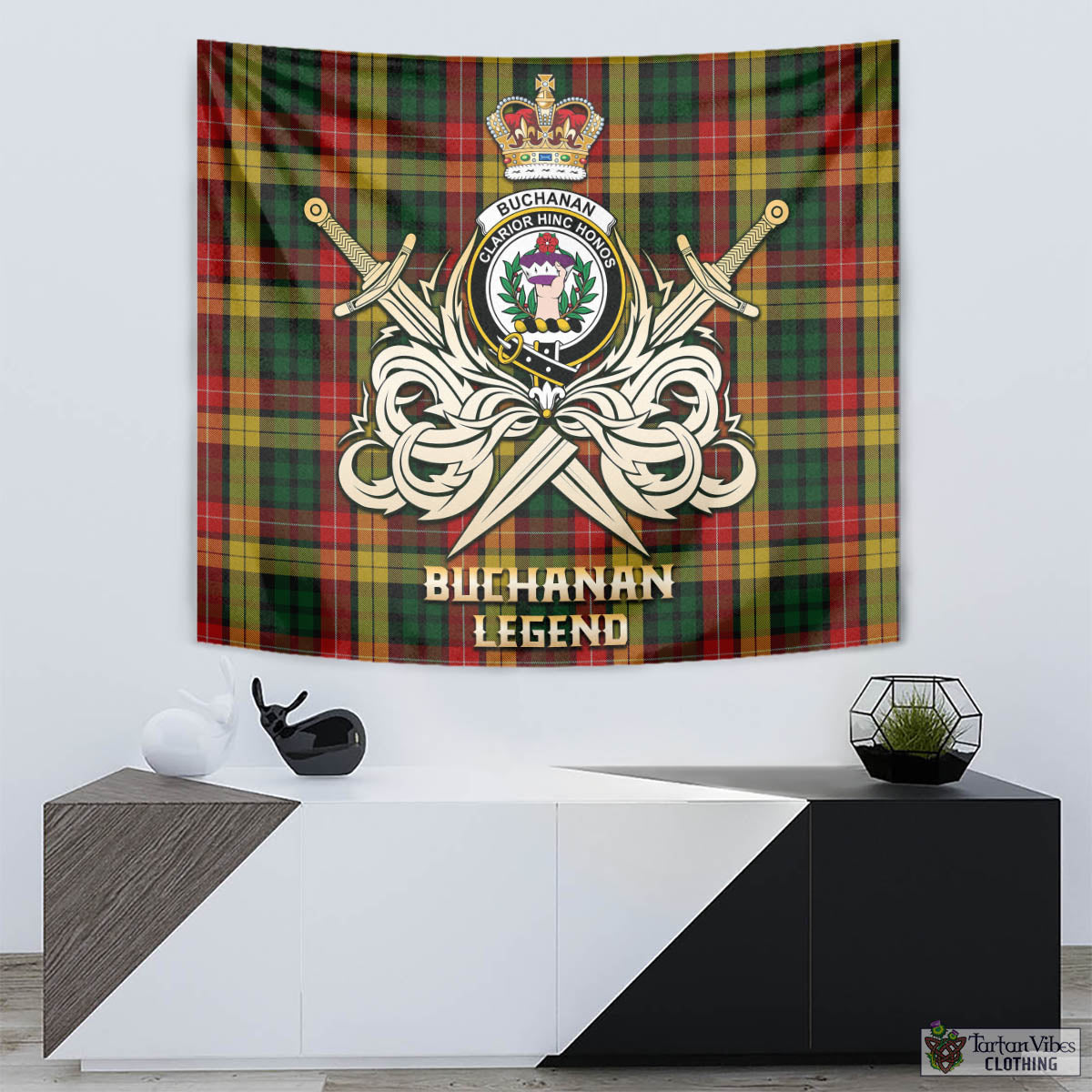 Tartan Vibes Clothing Buchanan Tartan Tapestry with Clan Crest and the Golden Sword of Courageous Legacy