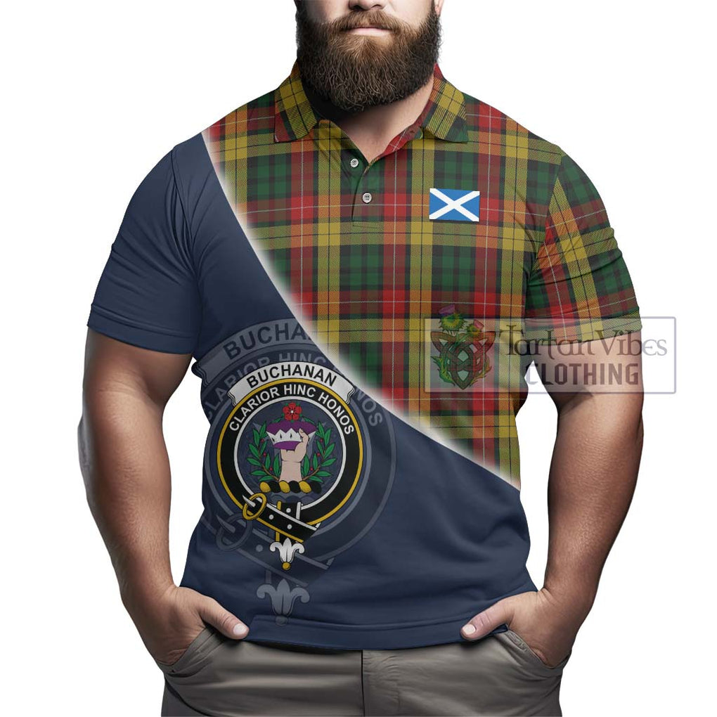 Buchanan Tartan Polo Shirt with Personalised National Flag and Family Crest Half Style - Tartanvibesclothing Shop