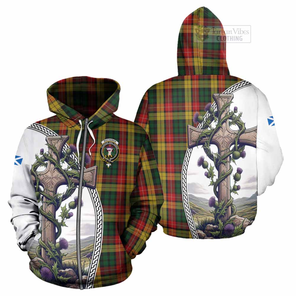 Tartan Vibes Clothing Buchanan Tartan Hoodie with Family Crest and St. Andrew's Cross Accented by Thistle Vines