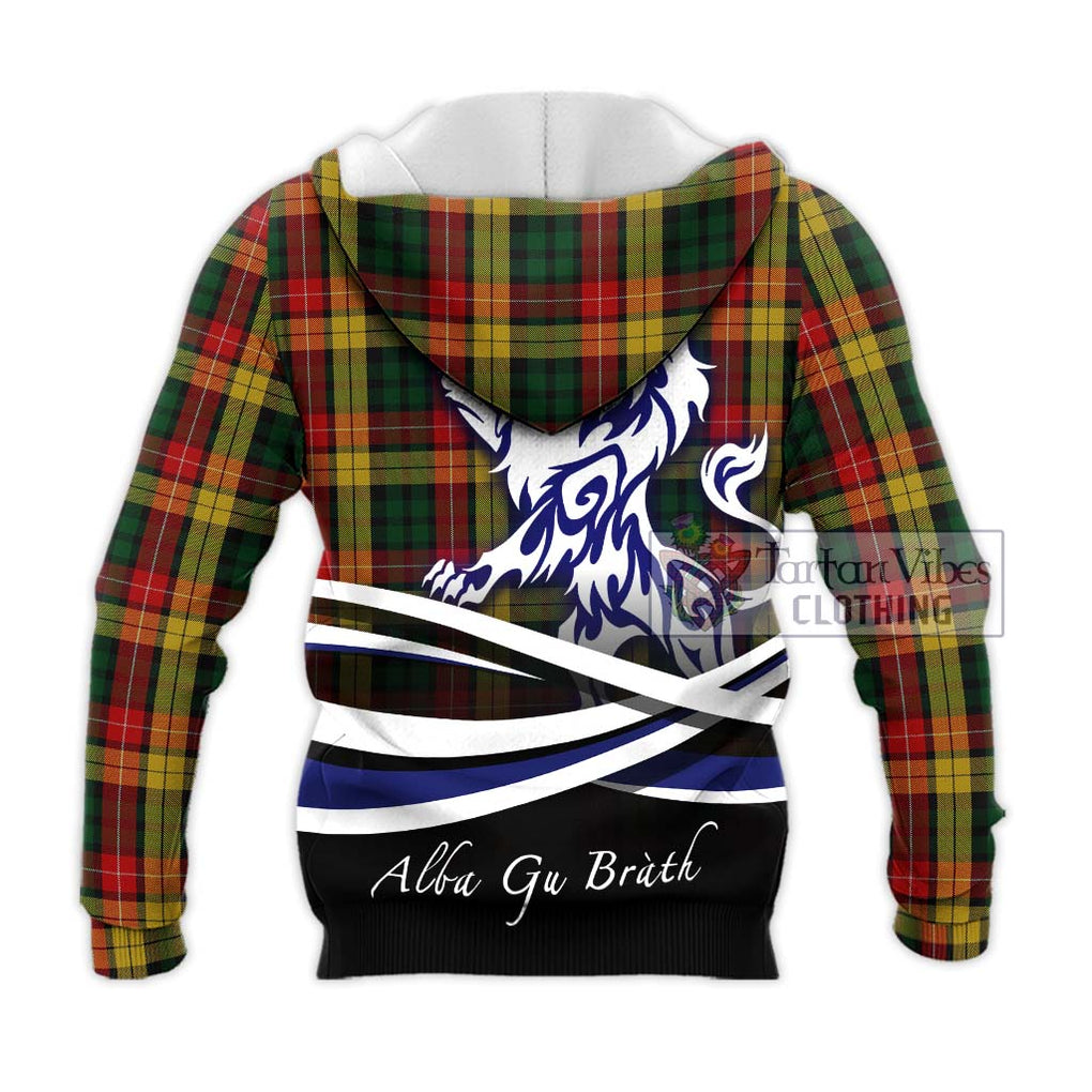 Buchanan Tartan Knitted Hoodie with Alba Gu Brath Regal Lion Emblem - Tartanvibesclothing Shop