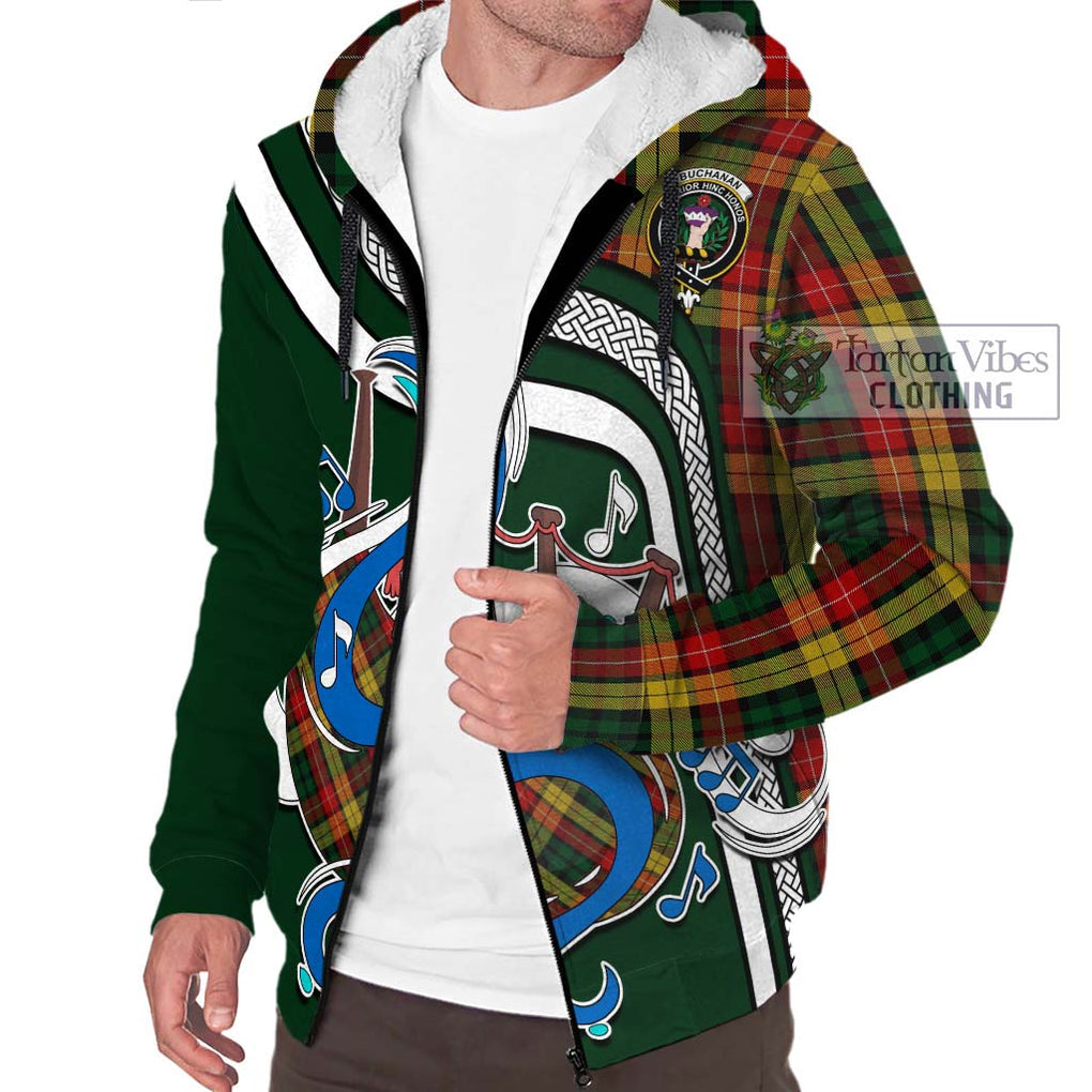 Buchanan Tartan Sherpa Hoodie with Epic Bagpipe Style Unisex - Tartanvibesclothing Shop