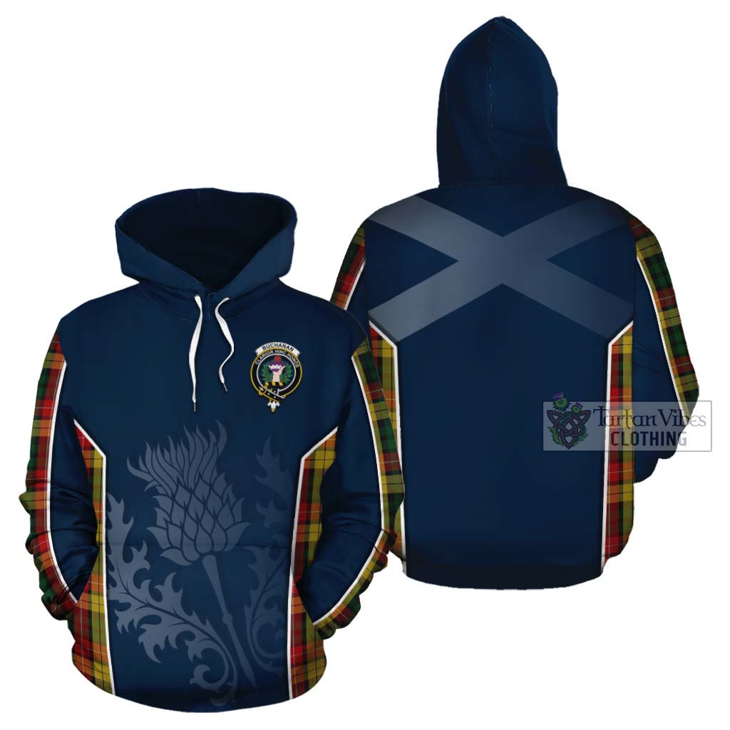 Tartan Vibes Clothing Buchanan Tartan Cotton Hoodie with Family Crest and Scottish Thistle Vibes Sport Style