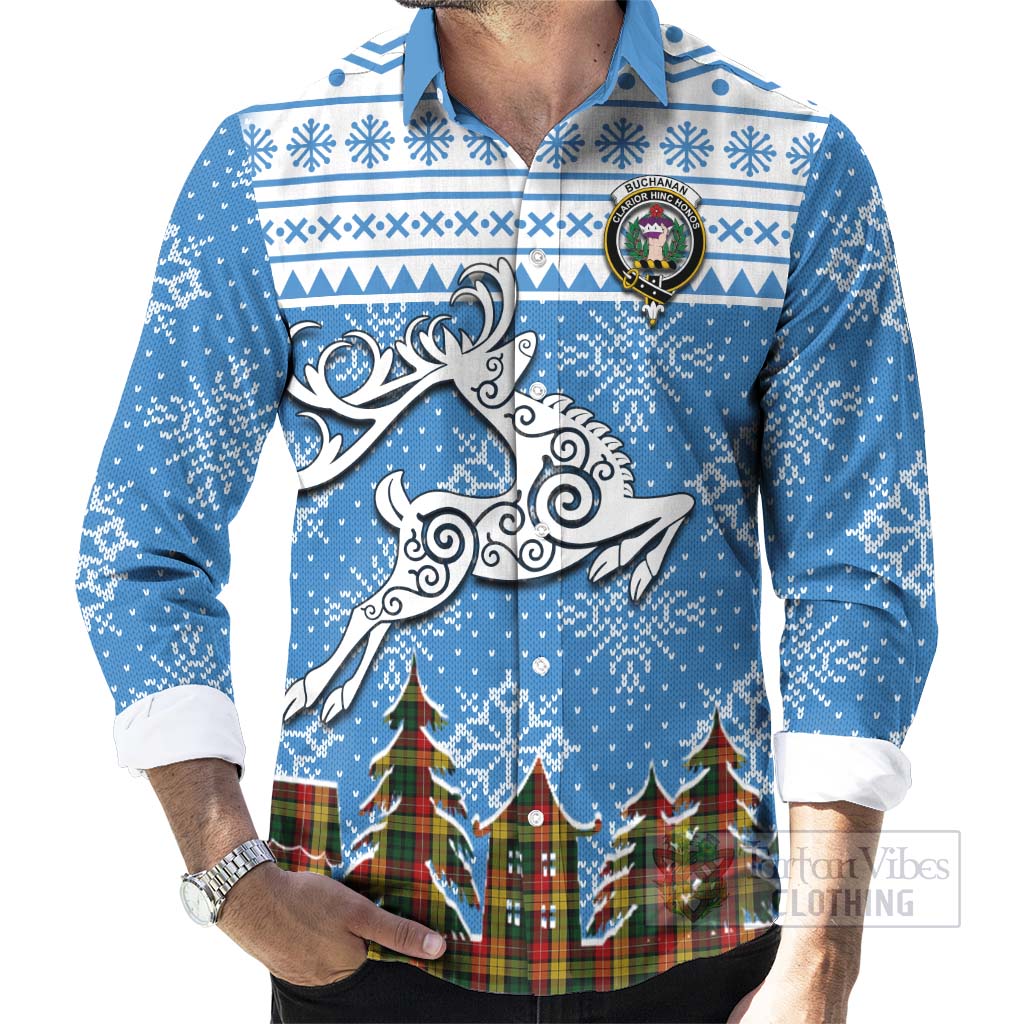 Tartan Vibes Clothing Buchanan Clan Christmas Long Sleeve Button Shirt Celtic Reindeer Style