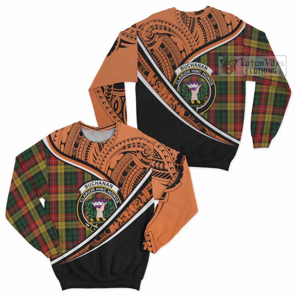 Tartan Vibes Clothing Buchanan Crest Tartan Sweatshirt with Maori Tattoo Style - Orange Version