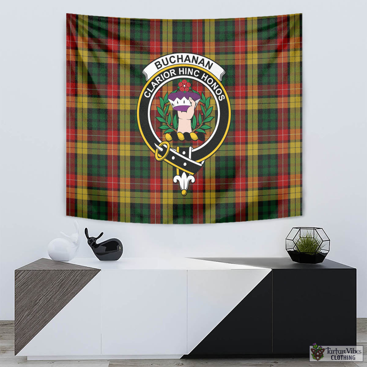 Tartan Vibes Clothing Buchanan Tartan Tapestry Wall Hanging and Home Decor for Room with Family Crest