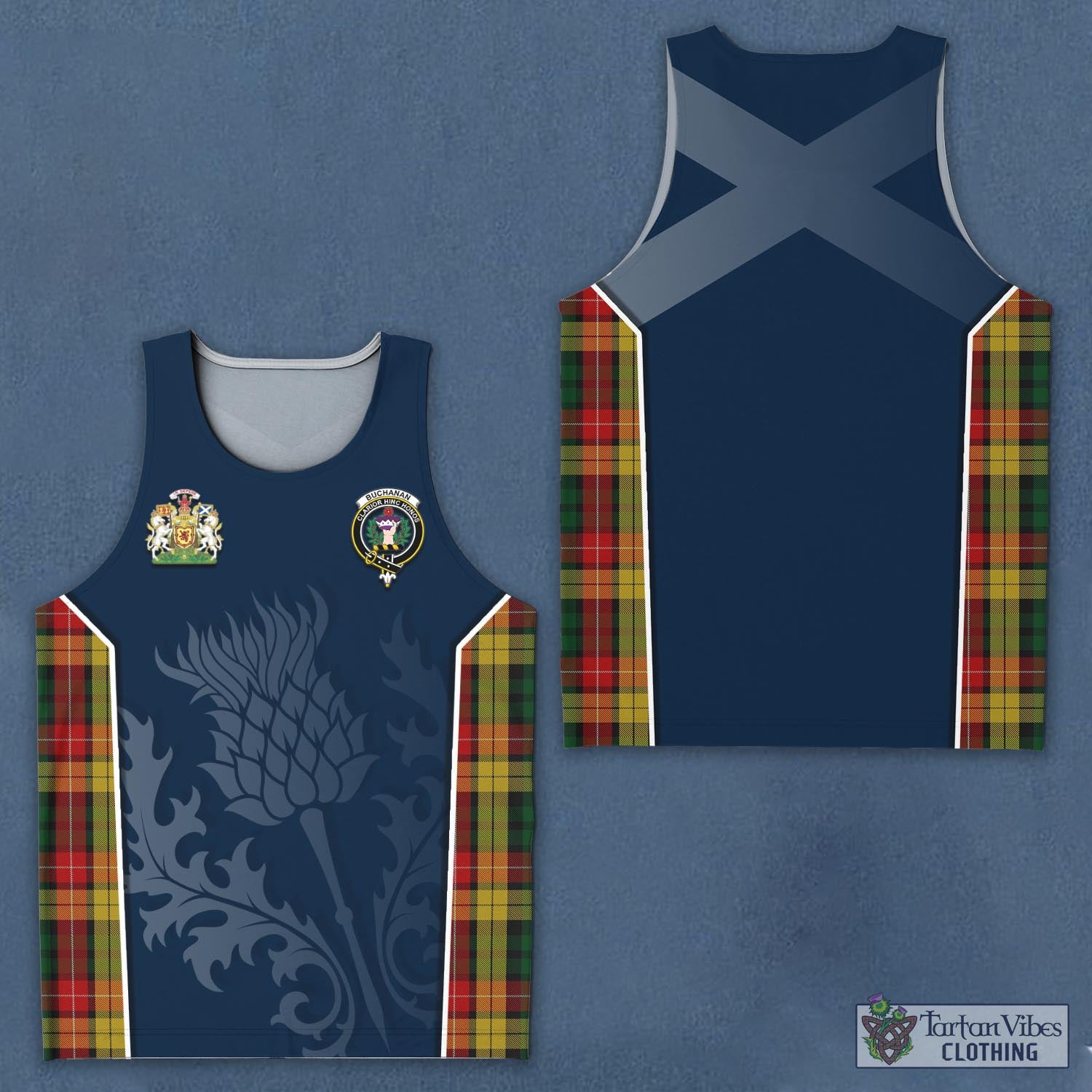 Tartan Vibes Clothing Buchanan Tartan Men's Tanks Top with Family Crest and Scottish Thistle Vibes Sport Style