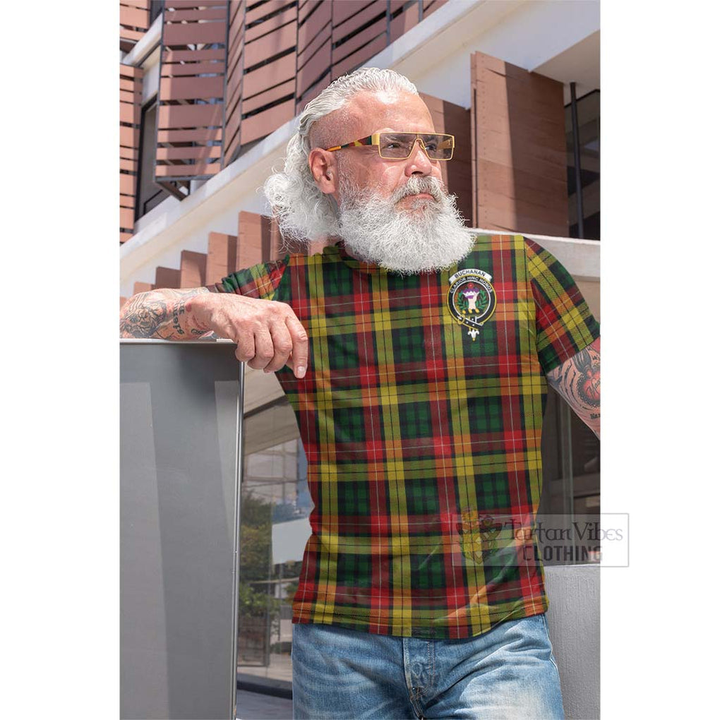 Tartan Vibes Clothing Buchanan Tartan Cotton T-shirt with Family Crest and Bearded Skull Holding Bottles of Whiskey