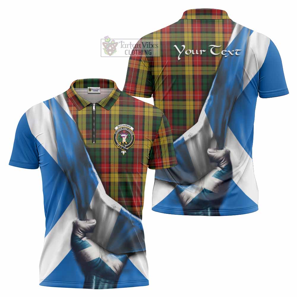 Tartan Vibes Clothing Buchanan Tartan Zipper Polo Shirt with Family Crest Scotland Patriotic Style