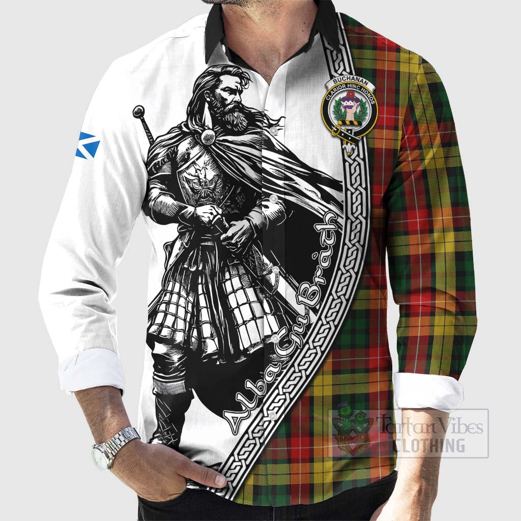 Tartan Vibes Clothing Buchanan Tartan Clan Crest Long Sleeve Button Shirt with Highlander Warrior Celtic Style