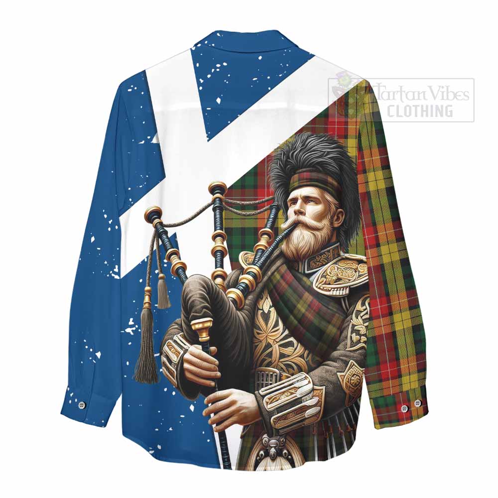 Tartan Vibes Clothing Buchanan Tartan Women's Casual Shirt with Family Crest Scottish Bagpiper Vibes