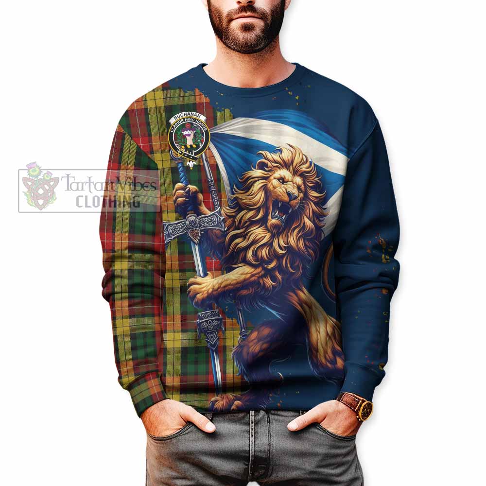 Tartan Vibes Clothing Buchanan Tartan Family Crest Sweatshirt with Scottish Majestic Lion