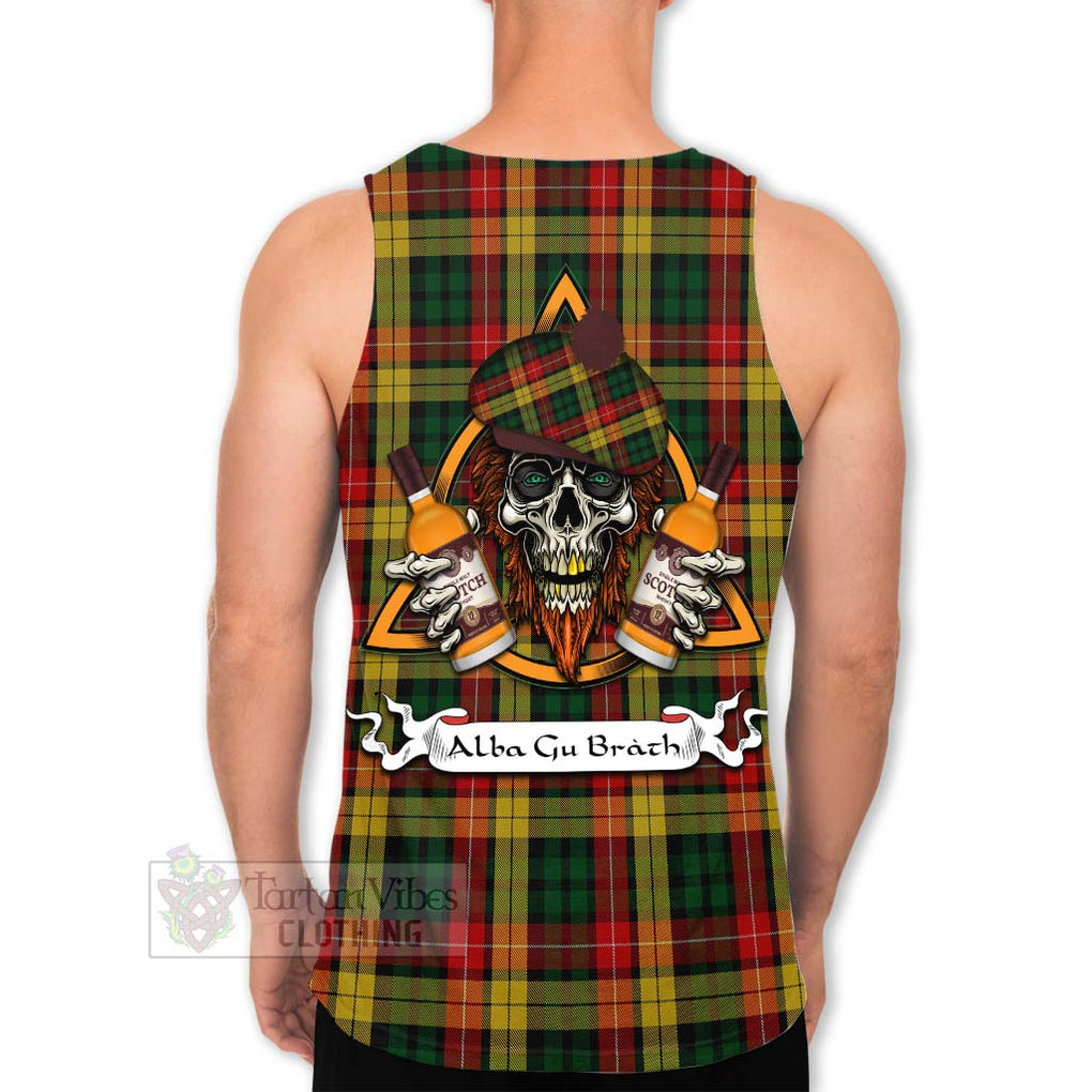 Tartan Vibes Clothing Buchanan Tartan Men's Tank Top with Family Crest and Bearded Skull Holding Bottles of Whiskey