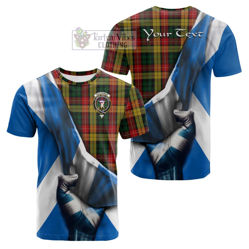 Tartan Vibes Clothing Buchanan Tartan Cotton T-shirt with Family Crest Scotland Patriotic Style