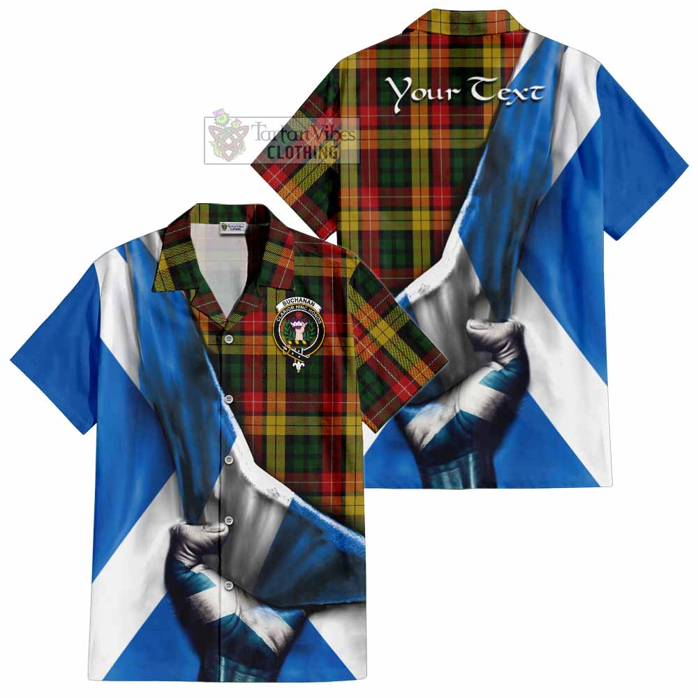 Tartan Vibes Clothing Buchanan Tartan Short Sleeve Button Shirt with Family Crest Scotland Patriotic Style