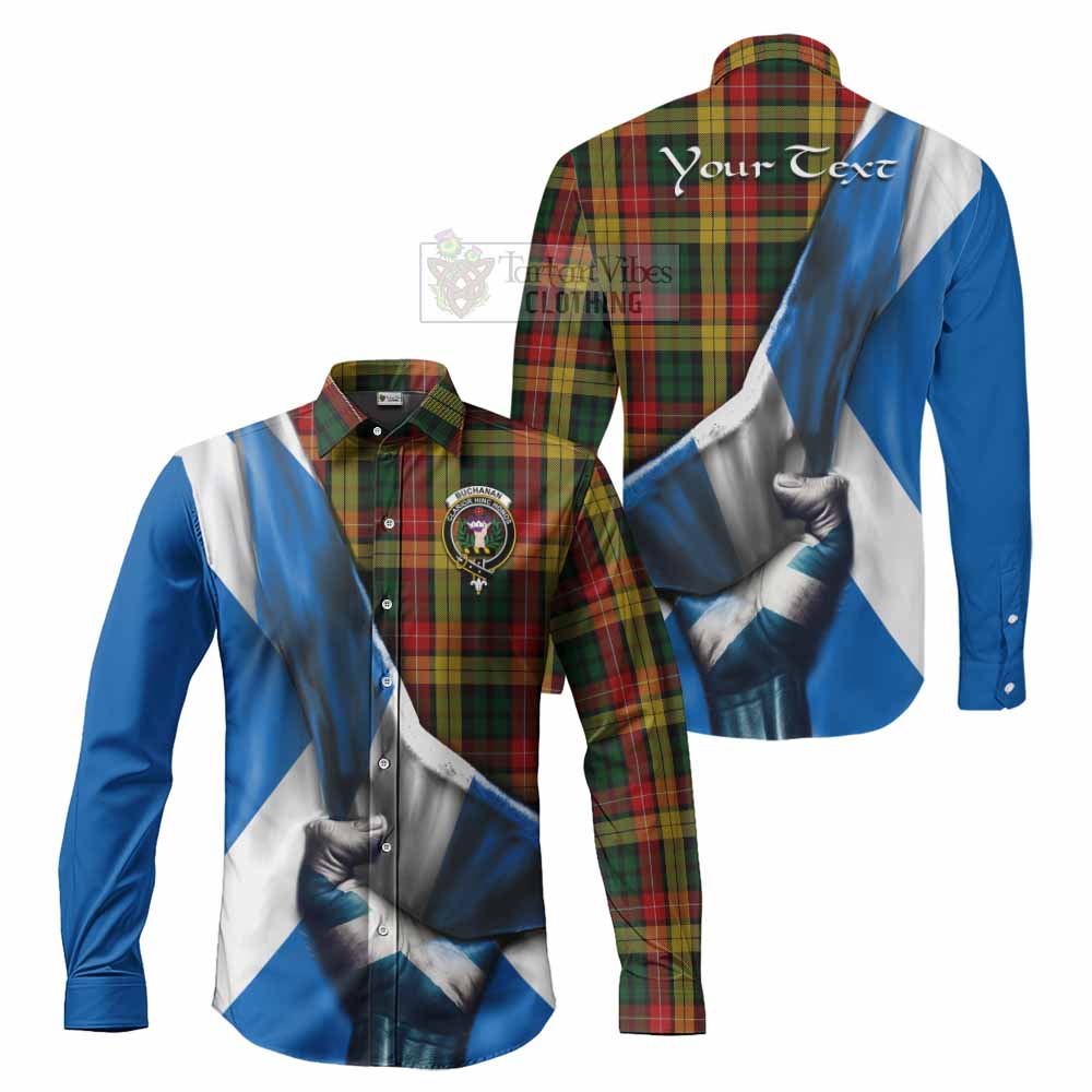 Tartan Vibes Clothing Buchanan Tartan Long Sleeve Button Shirt with Family Crest Scotland Patriotic Style