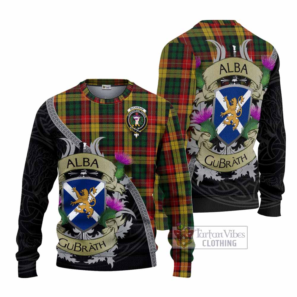Buchanan Tartan Family Crest Knitted Sweater Lion Rampant Royal Thistle Shield Celtic Inspired - Tartan Vibes Clothing