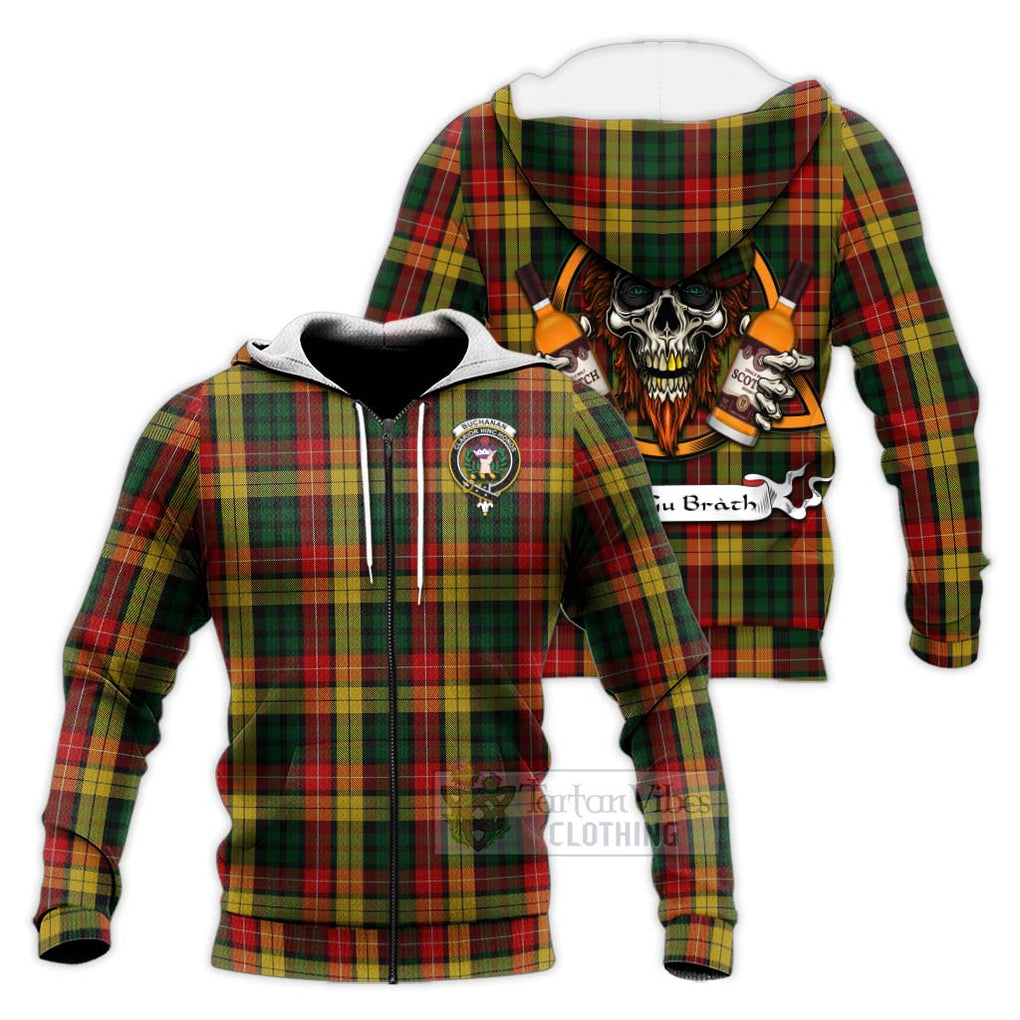 Tartan Vibes Clothing Buchanan Tartan Knitted Hoodie with Family Crest and Bearded Skull Holding Bottles of Whiskey