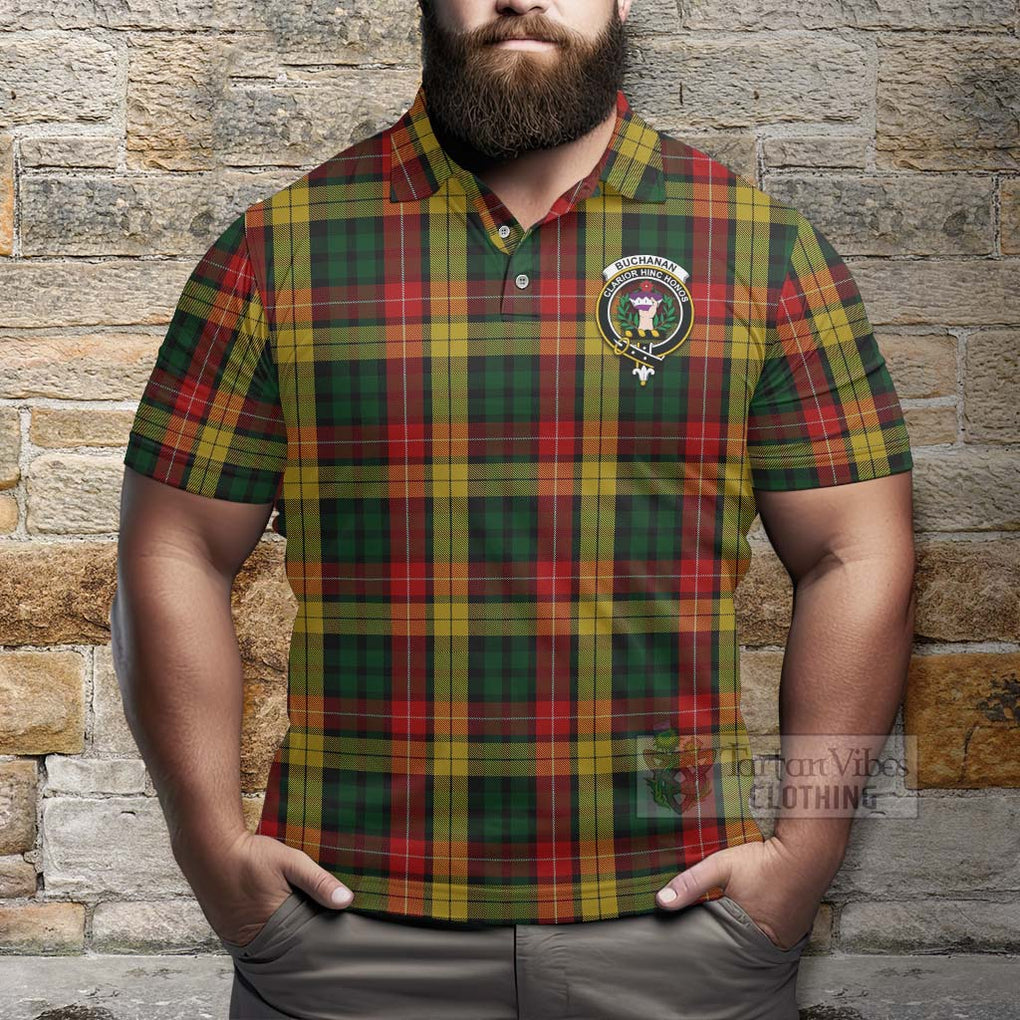 Tartan Vibes Clothing Buchanan Tartan Polo Shirt with Family Crest and Bearded Skull Holding Bottles of Whiskey