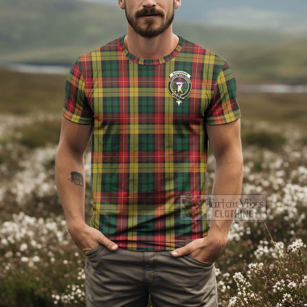 Tartan Vibes Clothing Buchanan Tartan T-Shirt with Family Crest and Bearded Skull Holding Bottles of Whiskey