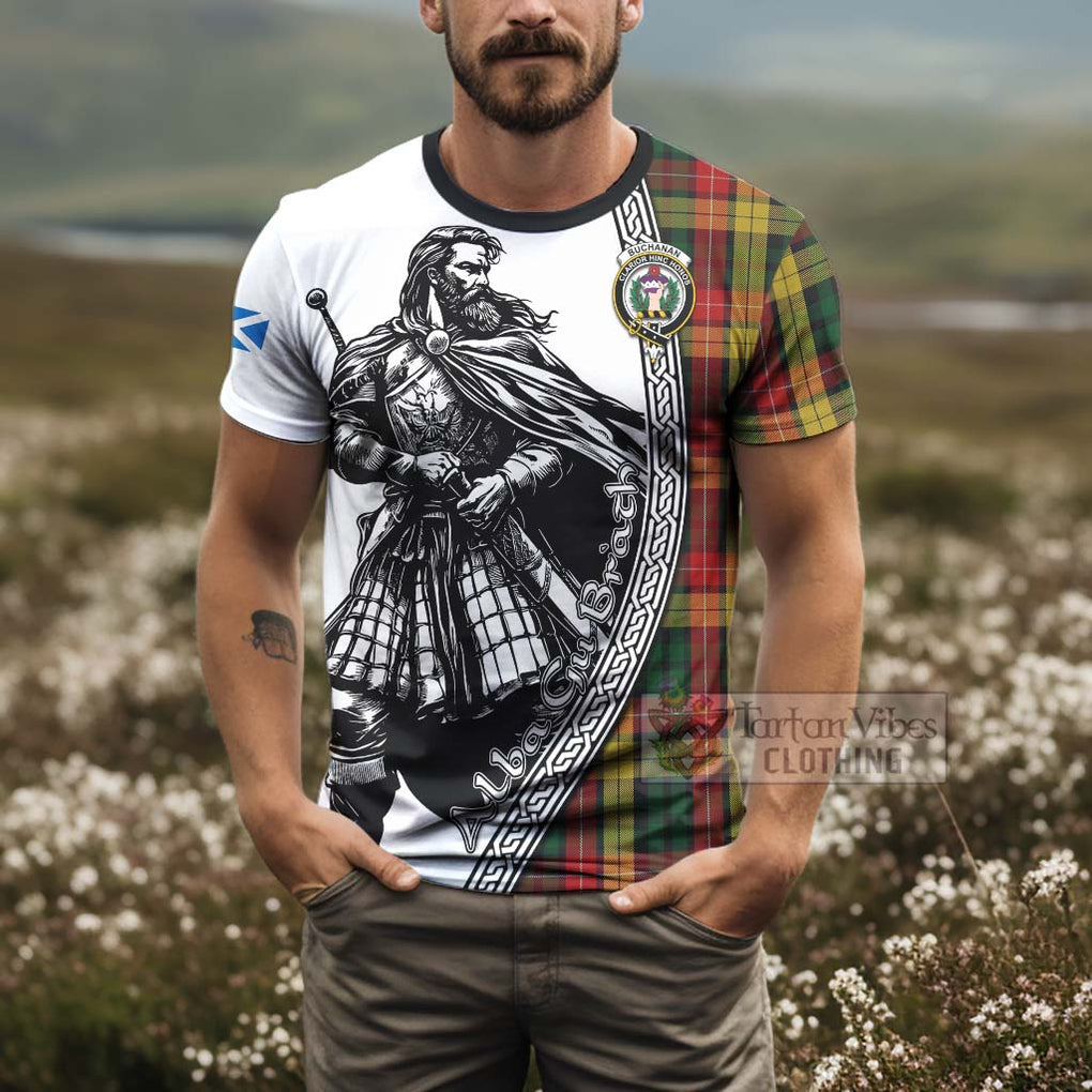 Tartan Vibes Clothing Buchanan Tartan Clan Crest T-Shirt with Highlander Warrior Celtic Style