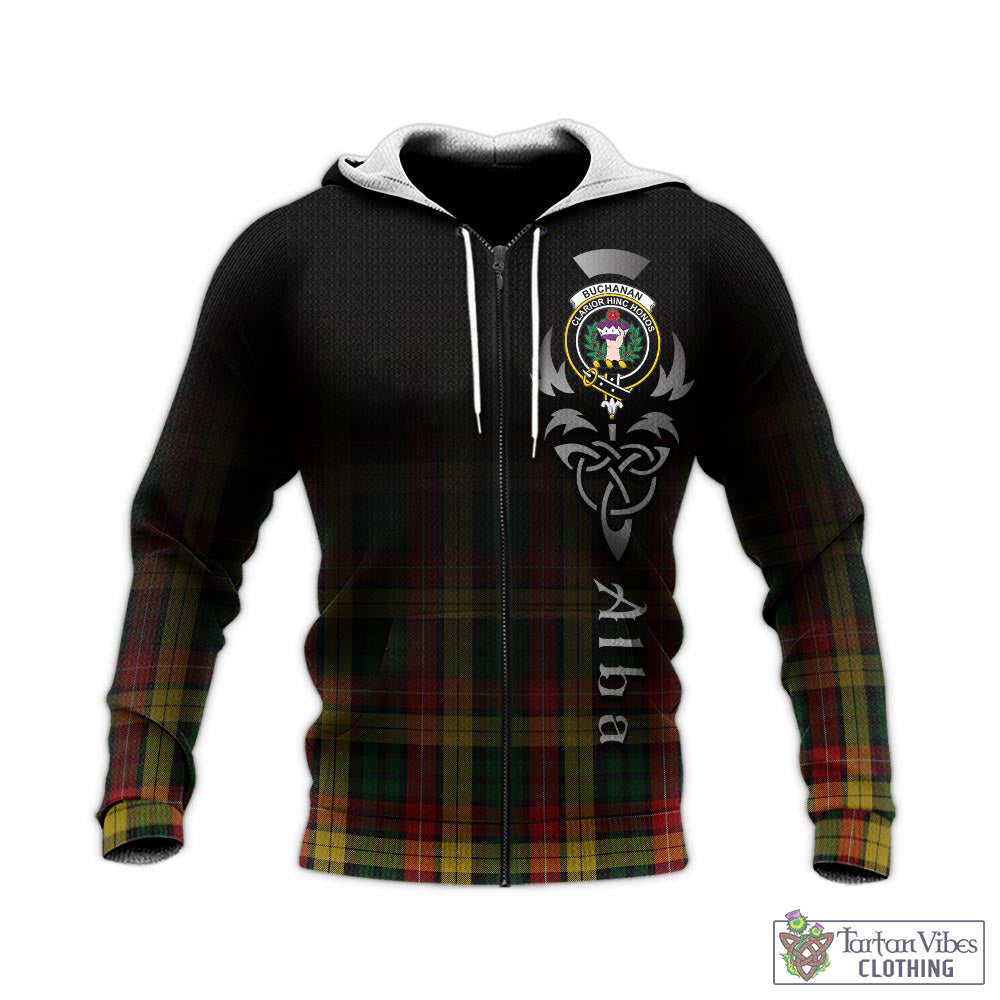 Tartan Vibes Clothing Buchanan Tartan Knitted Hoodie Featuring Alba Gu Brath Family Crest Celtic Inspired