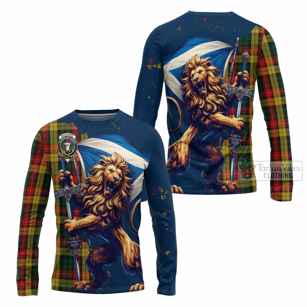 Tartan Vibes Clothing Buchanan Tartan Family Crest Long Sleeve T-Shirt with Scottish Majestic Lion