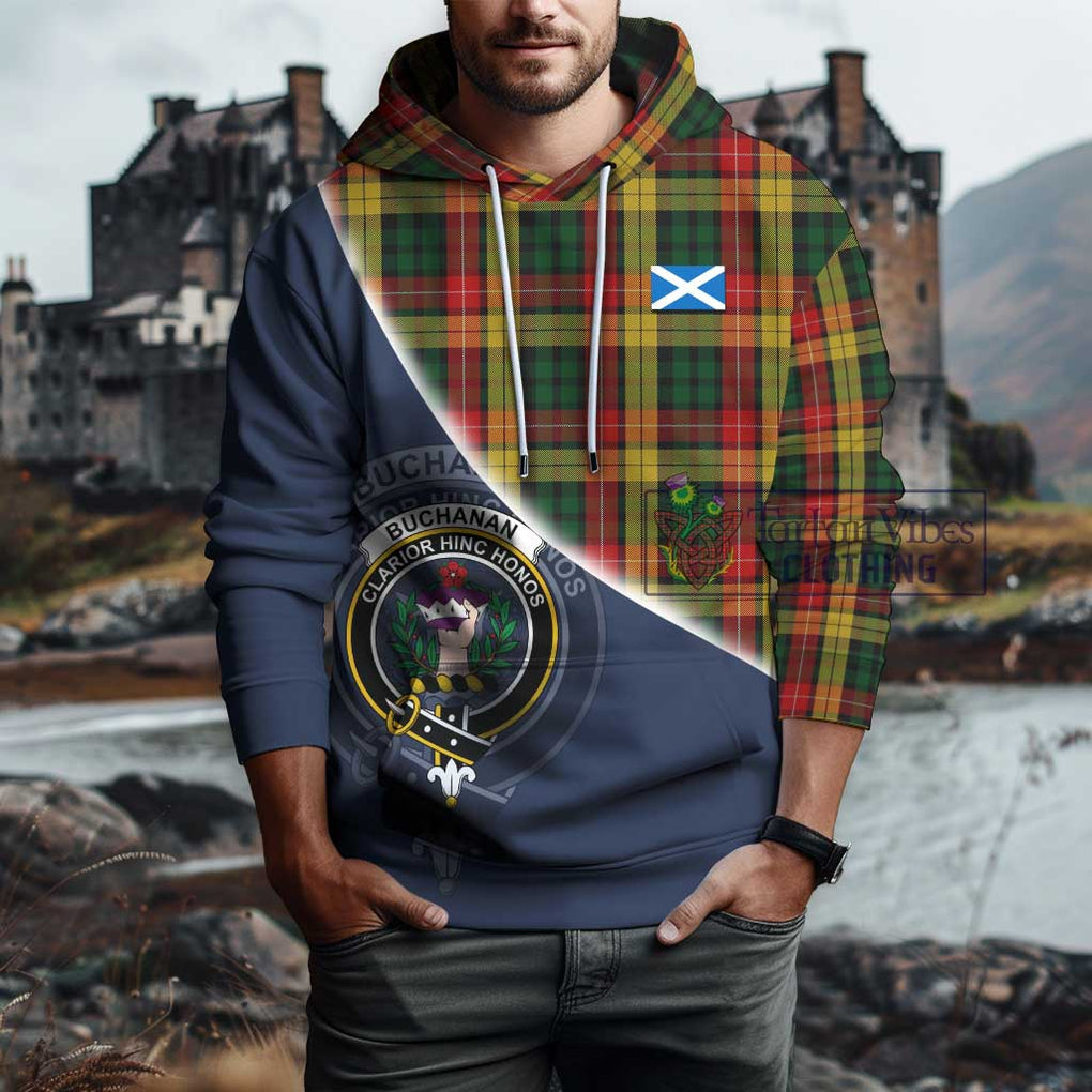 Buchanan Tartan Hoodie with Personalised National Flag and Family Crest Half Style - Tartanvibesclothing Shop