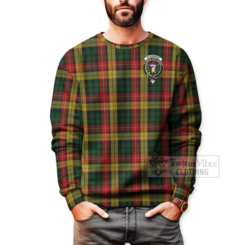 Tartan Vibes Clothing Buchanan Tartan Sweatshirt with Family Crest and Bearded Skull Holding Bottles of Whiskey