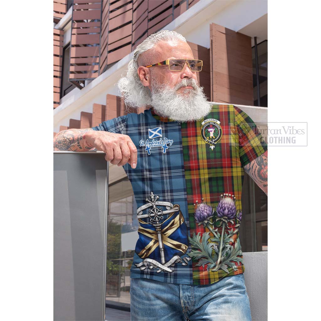 Tartan Vibes Clothing Buchanan Tartan Cotton T-shirt Happy St. Andrew's Day Half Tartan Style