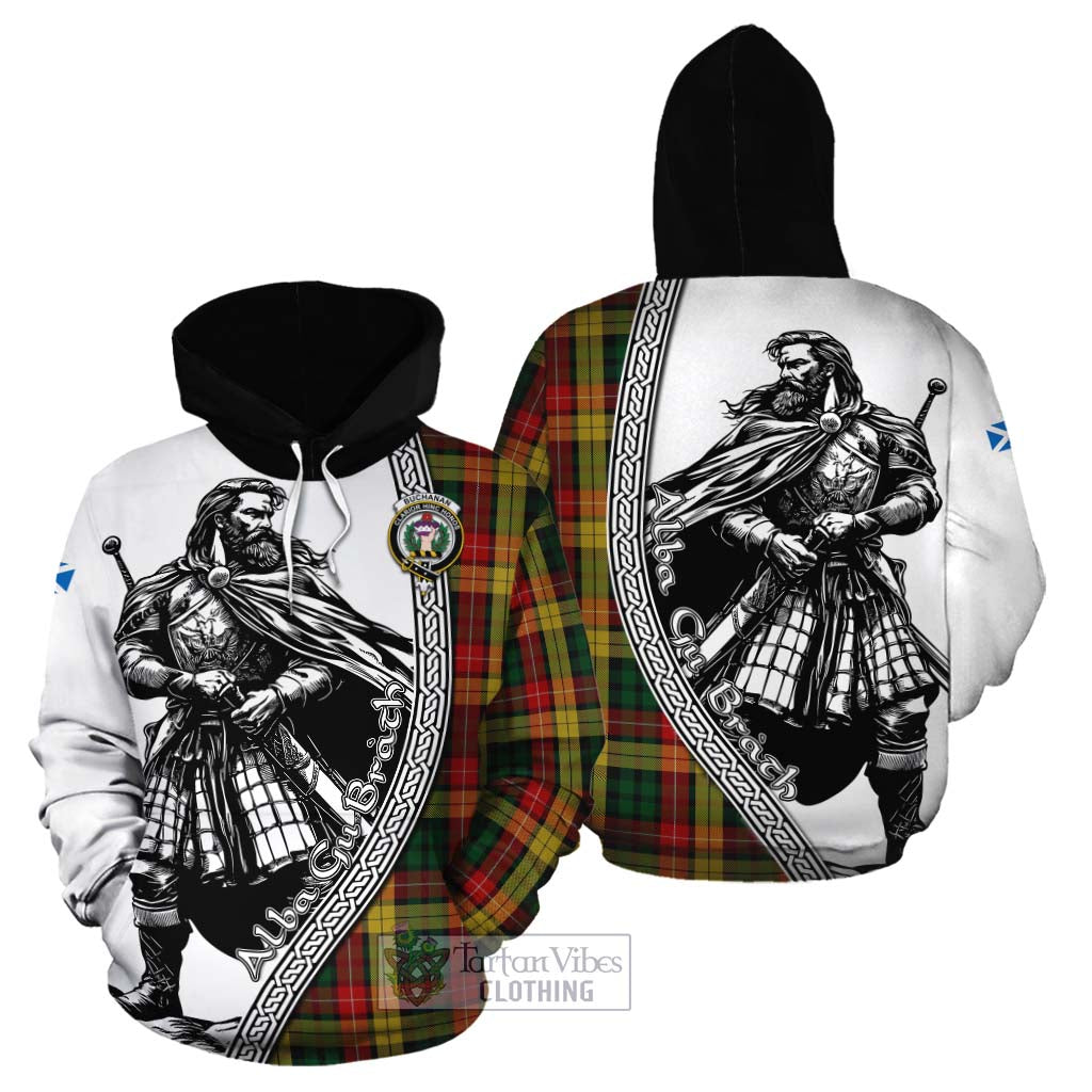 Tartan Vibes Clothing Buchanan Tartan Clan Crest Cotton Hoodie with Highlander Warrior Celtic Style