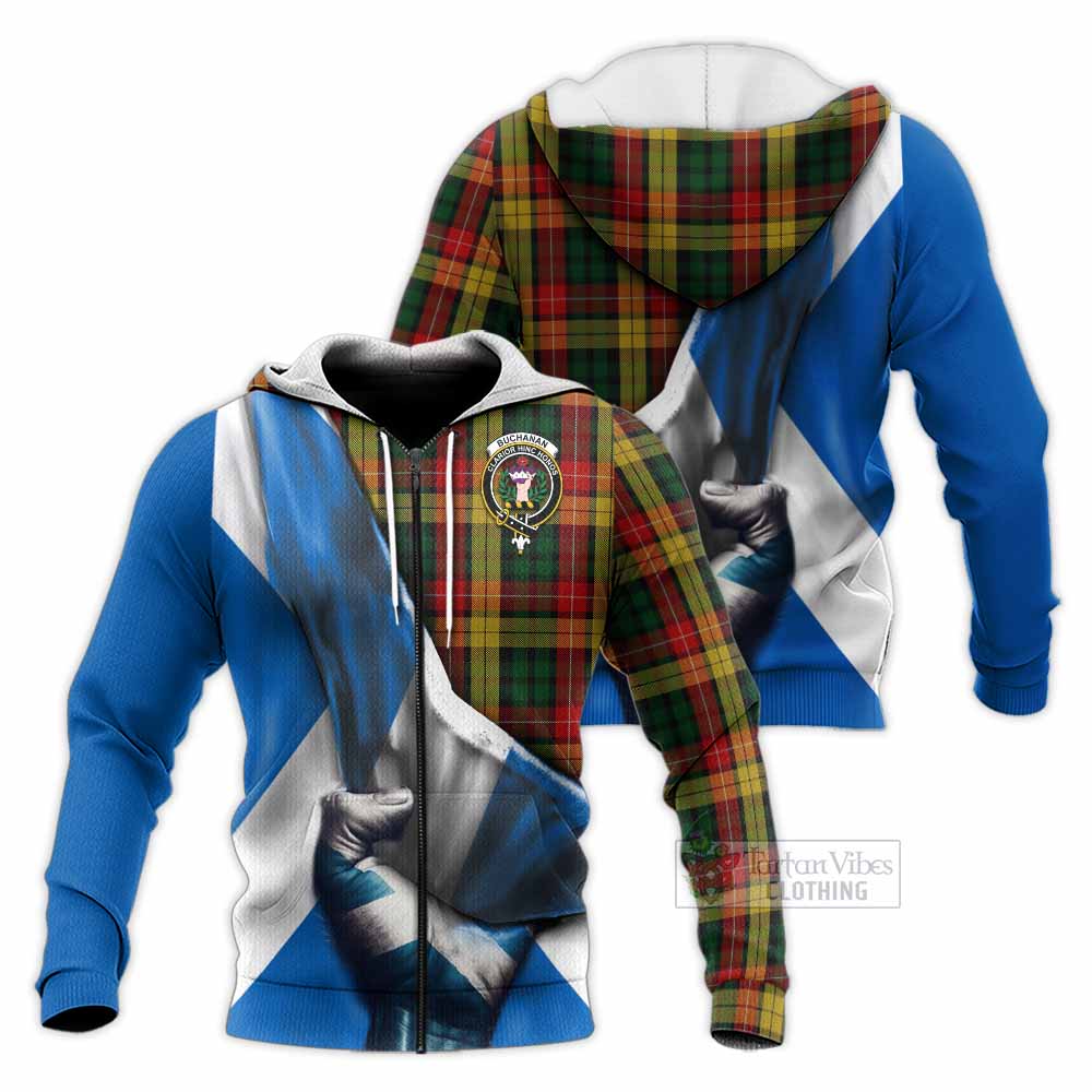 Tartan Vibes Clothing Buchanan Tartan Knitted Hoodie with Family Crest Scotland Patriotic Style