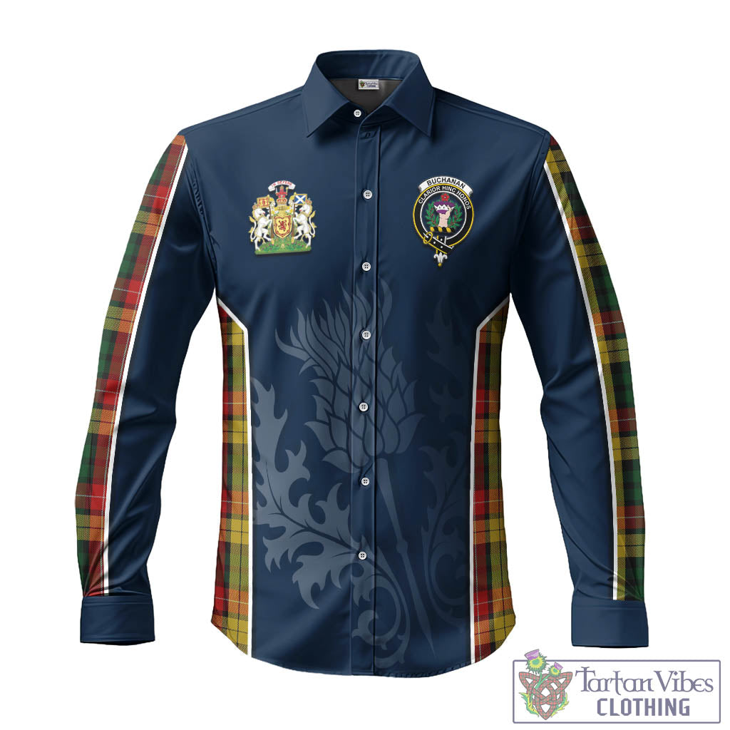 Tartan Vibes Clothing Buchanan Tartan Long Sleeve Button Up Shirt with Family Crest and Scottish Thistle Vibes Sport Style