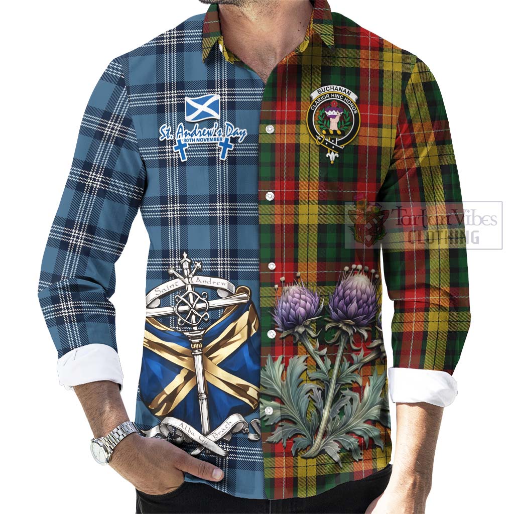 Tartan Vibes Clothing Buchanan Tartan Long Sleeve Button Shirt Happy St. Andrew's Day Half Tartan Style