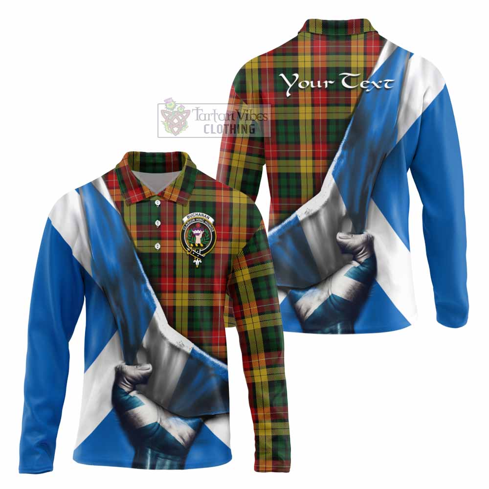 Tartan Vibes Clothing Buchanan Tartan Long Sleeve Polo Shirt with Family Crest Scotland Patriotic Style