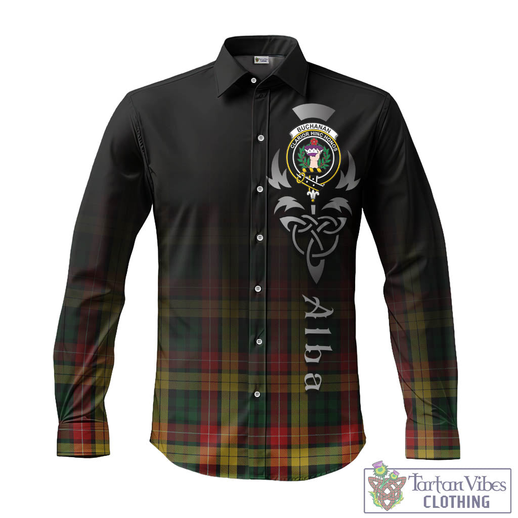 Tartan Vibes Clothing Buchanan Tartan Long Sleeve Button Up Featuring Alba Gu Brath Family Crest Celtic Inspired