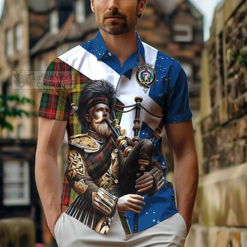 Tartan Vibes Clothing Buchanan Tartan Short Sleeve Button Shirt with Family Crest Scottish Bagpiper Vibes